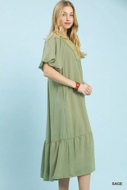Umgee Puff Sleeve Midi Dress with Lace Detail