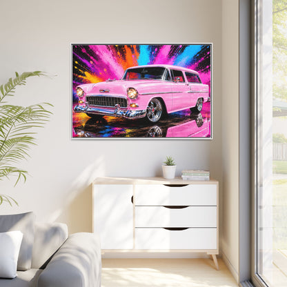 Pink Classic Station Wagon Canvas Print — Retro Car Wall Art, Framed Matte Multi‑Color Splash