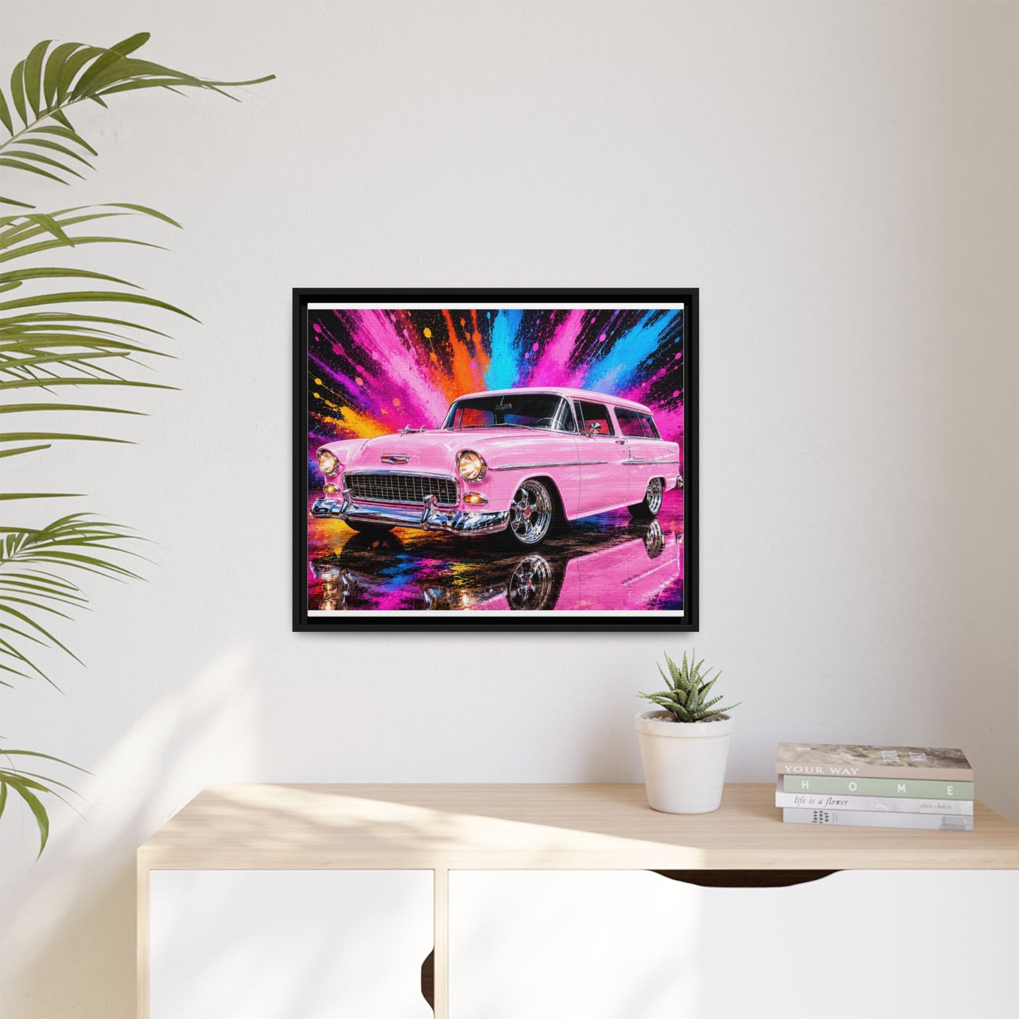 Pink Classic Station Wagon Canvas Print — Retro Car Wall Art, Framed Matte Multi‑Color Splash
