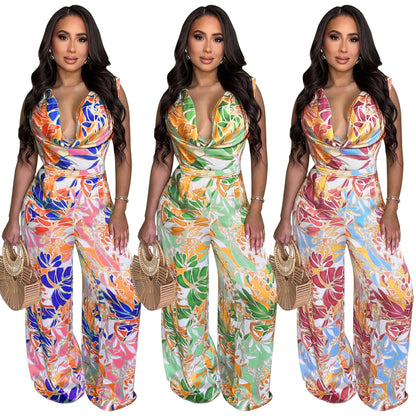 Sleeveless lace up wide leg printed jumpsuit