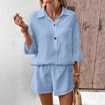 Women's Lapel Collar Double-Panel Shirt & Shorts Two-Piece Set