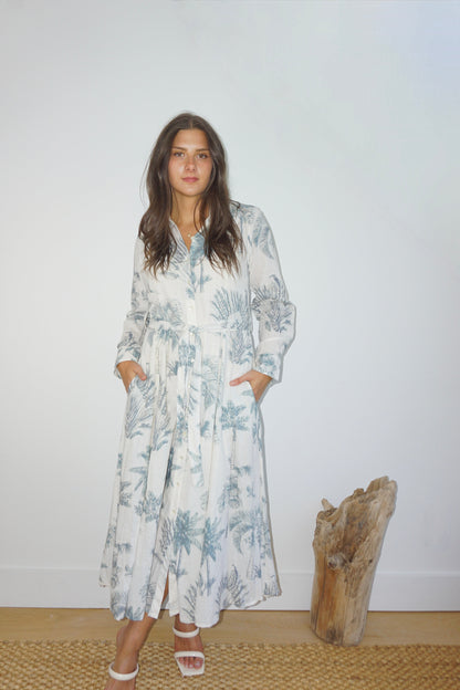 Sierra Dress in Faded Teal Palms
