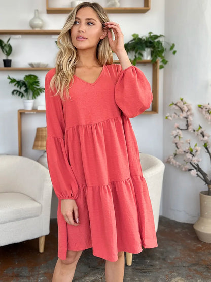 Garden Naked Women's Casual Dress Babydoll Tiered Dress with Pockets Long Sleeve Ruffle Hem Soft Cotton Blend Loose Fit