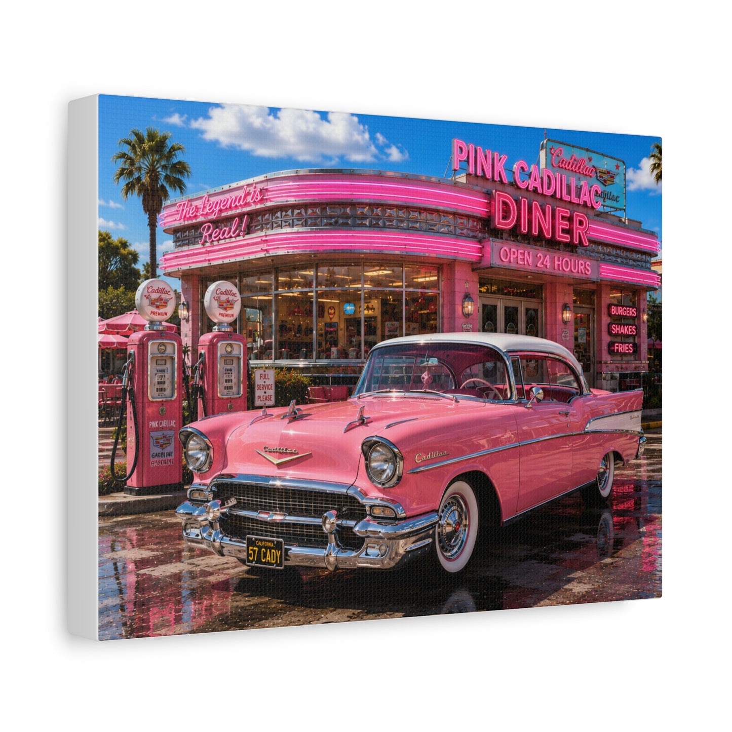 Pink Cadillac Diner Canvas Wall Art — Retro 1950s Car Poster