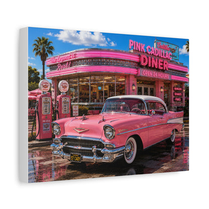 Pink Cadillac Diner Canvas Wall Art — Retro 1950s Car Poster