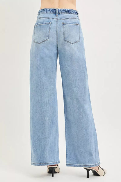 RISEN Elastic Band Slouchy Wide Jeans with Drawstring