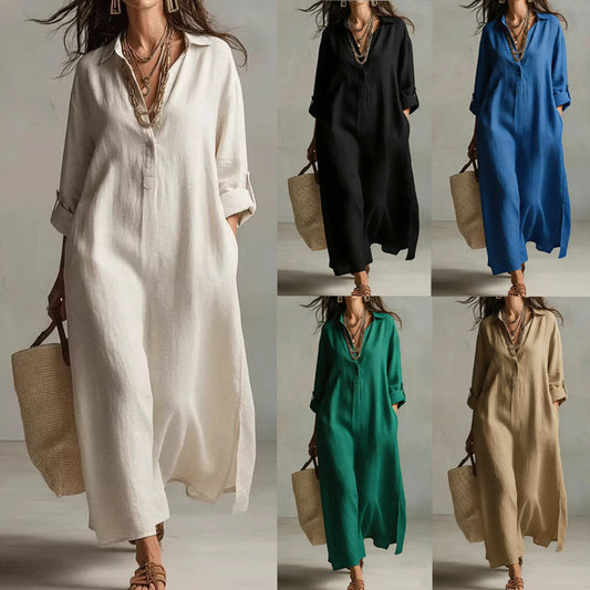 Women's Casual Long-Sleeve Linen Shirt Dress – Relaxed Fit
