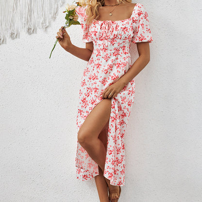 Square Neck Floral Print Dress With Puff Sleeves & Side Slit Maxi Dress