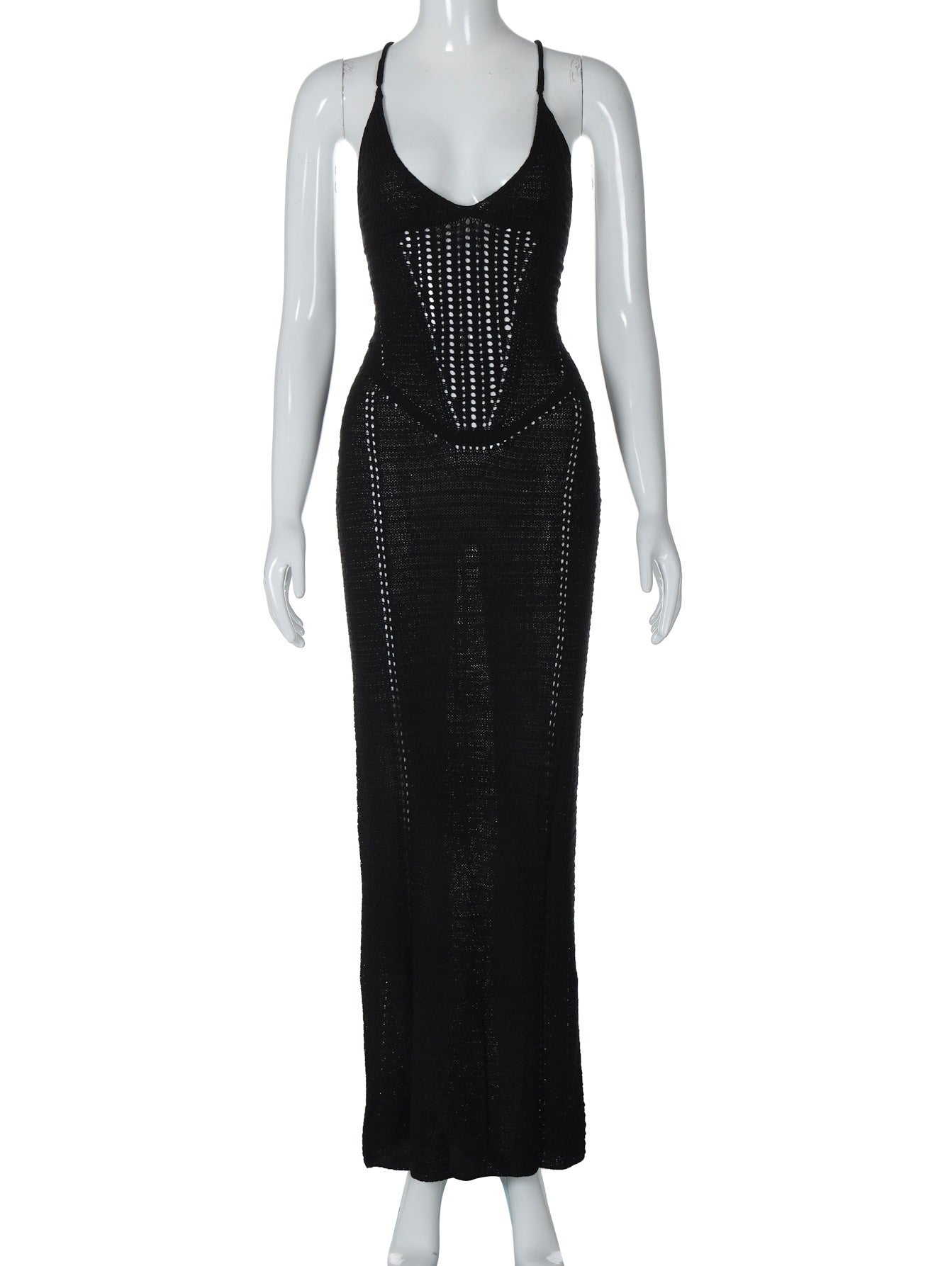 Fashionable and sexy backless strapless hollow knitted dress