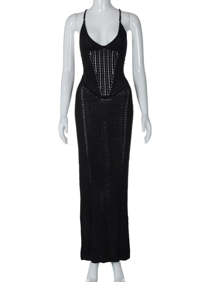 Fashionable and sexy backless strapless hollow knitted dress