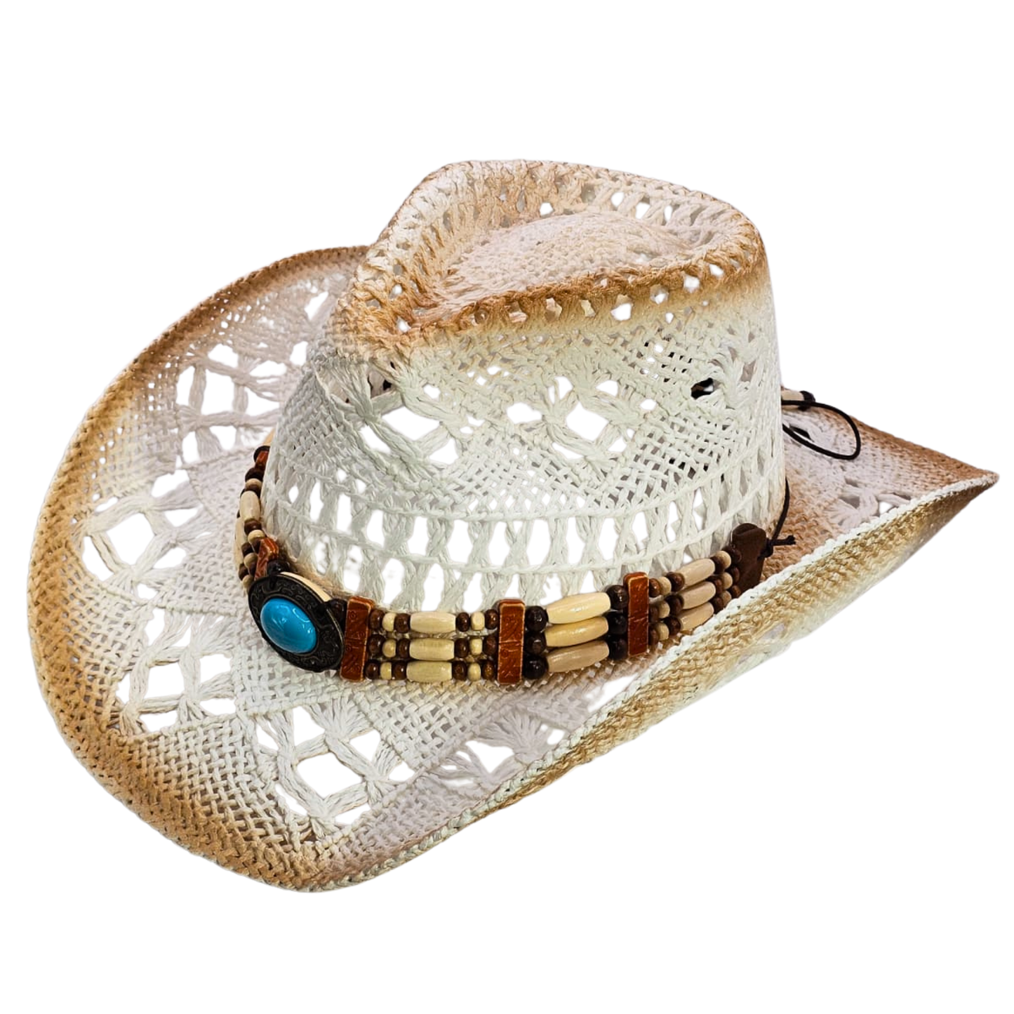 Straw Cowgirl Hat | Handmade Beaded Crown with Turquoise-stone Detail