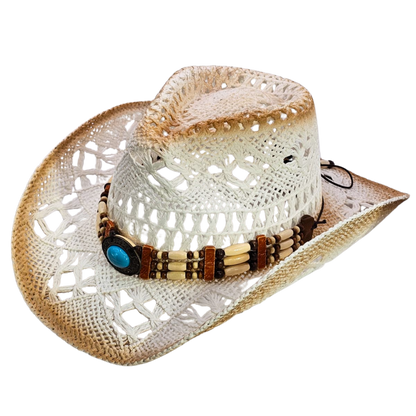 Straw Cowgirl Hat | Handmade Beaded Crown with Turquoise-stone Detail