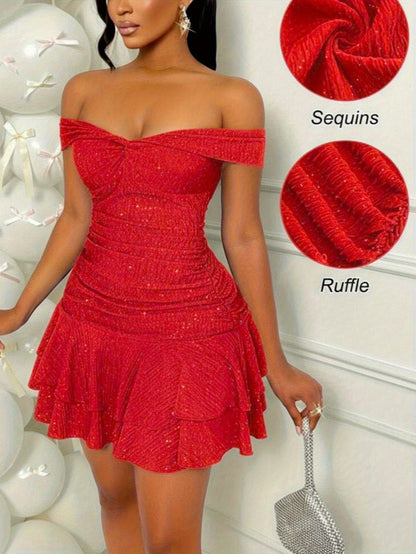 Sequin Off  Shoulder Ruffle Dress for Women