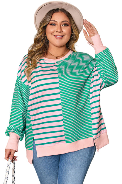 Green Stripe Color Block Exposed Seam Side Slit Plus Size Sweatshirt