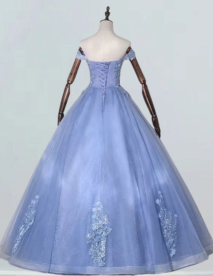 Blue off the shoulder lace applique floor length tulle ball gown quinceanera dress
