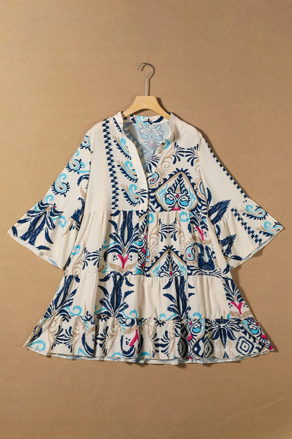 Printed Notched Three-Quarter Sleeve Mini Dress
