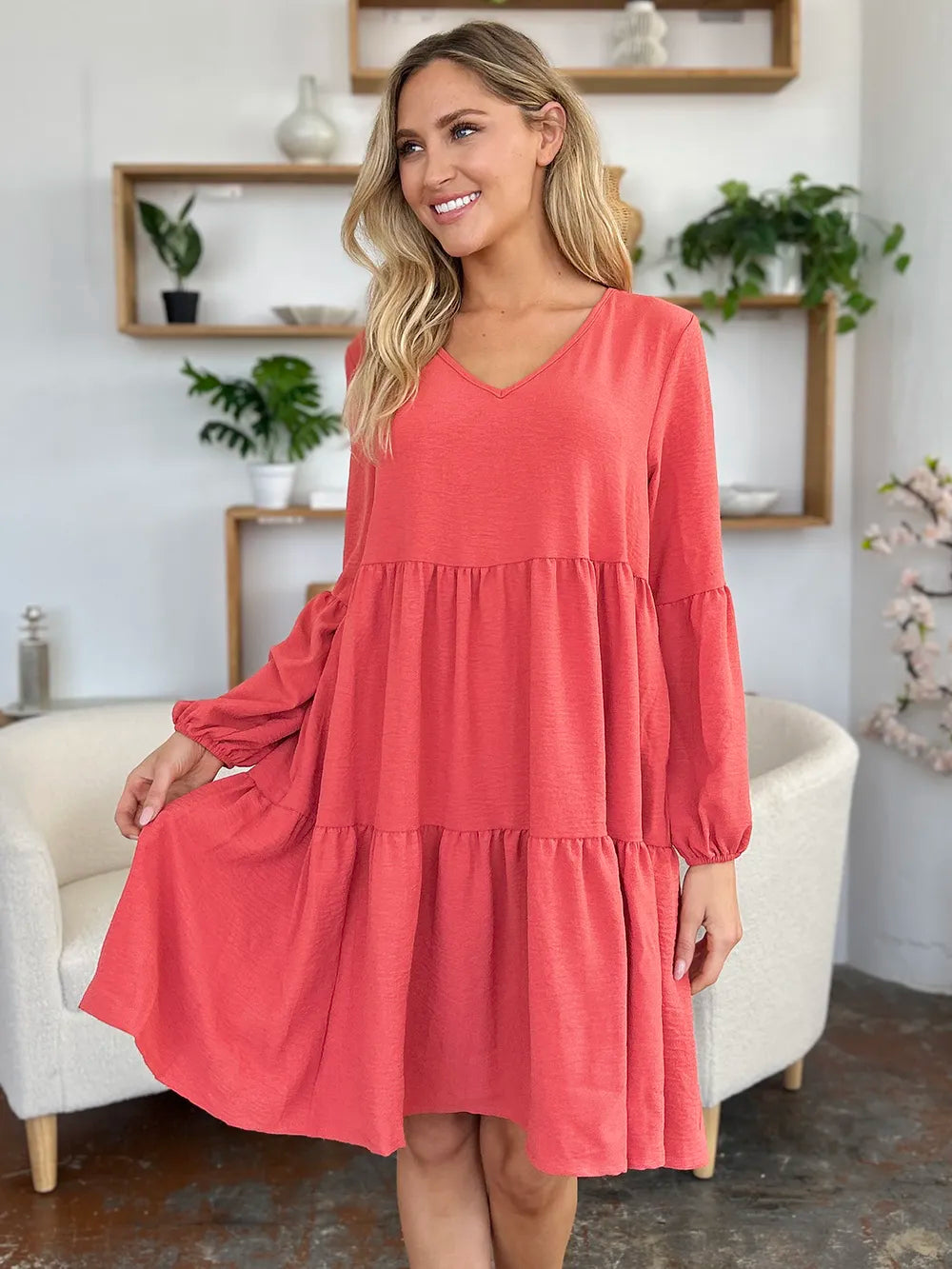 Garden Naked Women's Casual Dress Babydoll Tiered Dress with Pockets Long Sleeve Ruffle Hem Soft Cotton Blend Loose Fit
