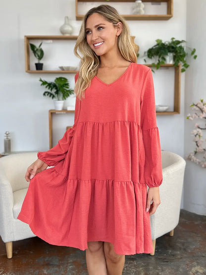 Garden Naked Women's Casual Dress Babydoll Tiered Dress with Pockets Long Sleeve Ruffle Hem Soft Cotton Blend Loose Fit