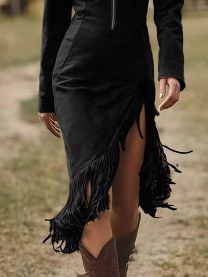 Fringe Hem Zip Front Bodycon Dress