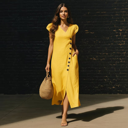 Women’s Casual V-Neck Short Sleeve Midi Dress