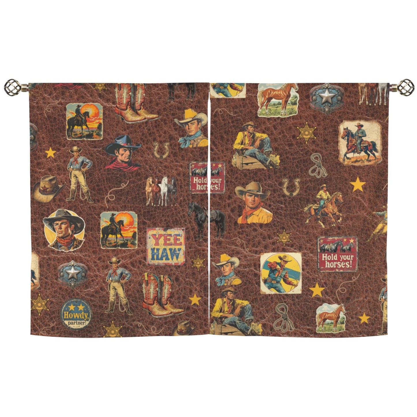 Baha Ranch Vintage Cowboy Collage Western Curtains 28" x 40" Made in America