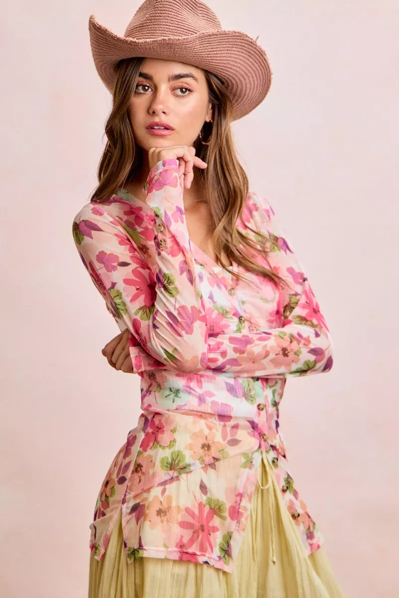 BiBi Floral Shrried Detail Button Up Mesh Cardigan Top