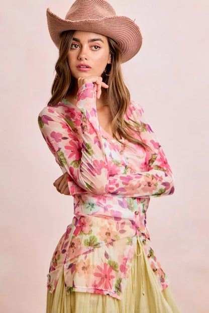 BiBi Floral Shrried Detail Button Up Mesh Cardigan Top
