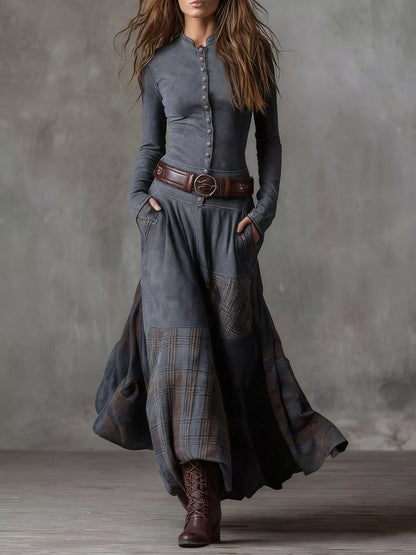 Plaid Button Front Long Sleeve Dress