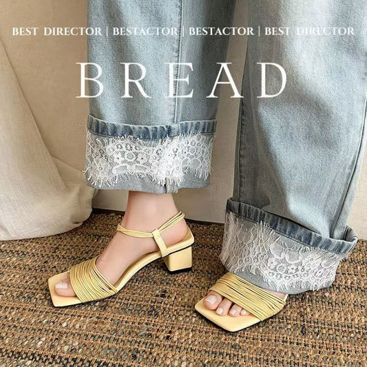 Women's Square-Toe Block Heel Sandals – Multi-Strap Ankle Wrap Mid-Heel Shoes with Pigskin Lining