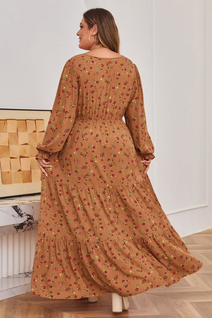 Plus Size Floral V-Neck Ruffle Sleeve Tiered Dress