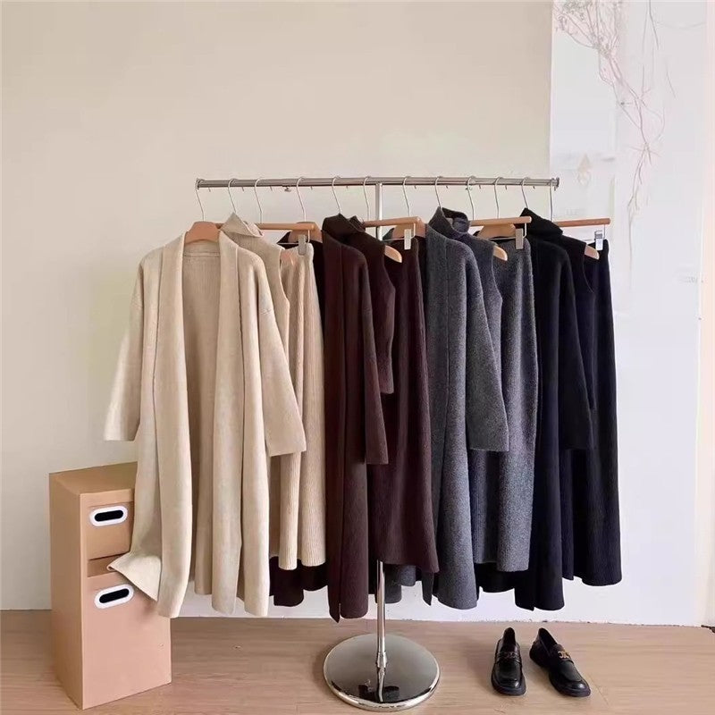 Fashionable Knitted Long Cardigan And Short Sweater Set With Half Skirt