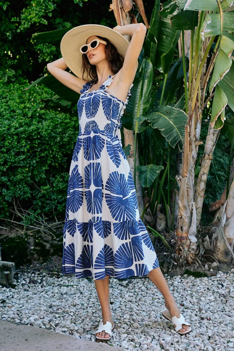 Abstract Print Smocked Bodice Tiered Lined Midi Dress