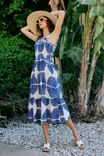 Abstract Print Smocked Bodice Tiered Lined Midi Dress