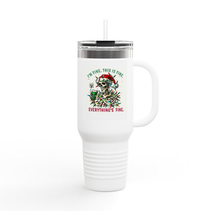 40oz Insulated Travel Mug — 'I'm Fine, This Is Fine' Holiday Skeleton Design