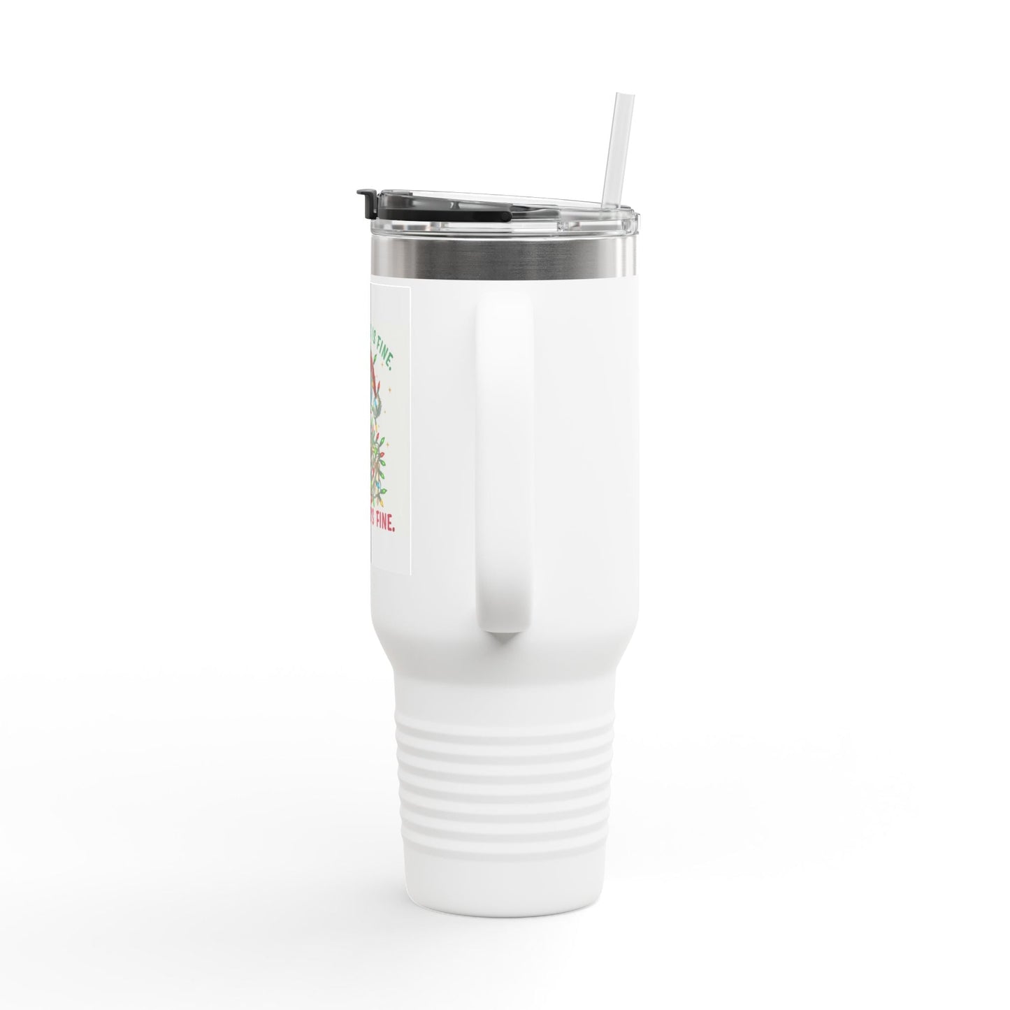 40oz Insulated Travel Mug — 'I'm Fine, This Is Fine' Holiday Skeleton Design