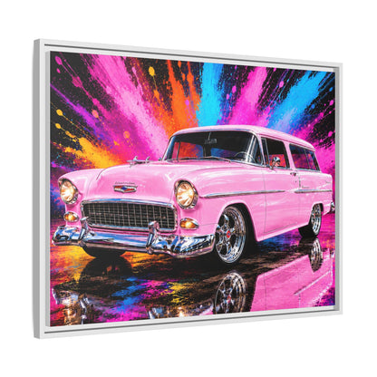 Pink Classic Station Wagon Canvas Print — Retro Car Wall Art, Framed Matte Multi‑Color Splash