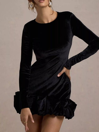 Velvet Ruched Hem Long Sleeve Dress