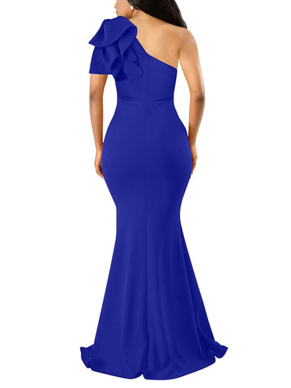 YMDUCH Women's Sexy Sleeveless One Shoulder Ruffle High Split Party Evening Long Formal Dress