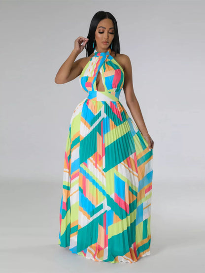 Halter Neck Geometric Print Pleated Maxi Dress