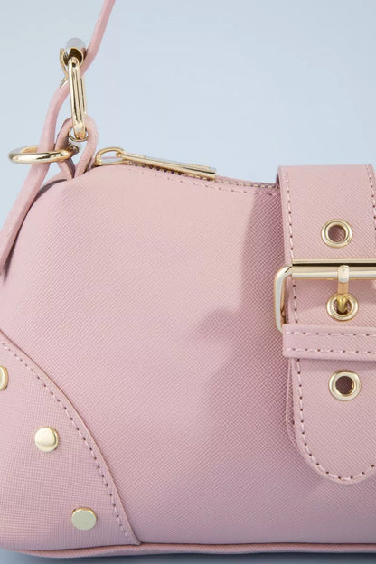 Fame Studded Saffiano Buckle Strap Shoulder Bag