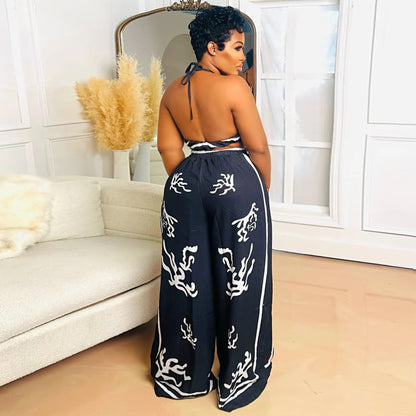 V-neck hanging neck wide leg pants set