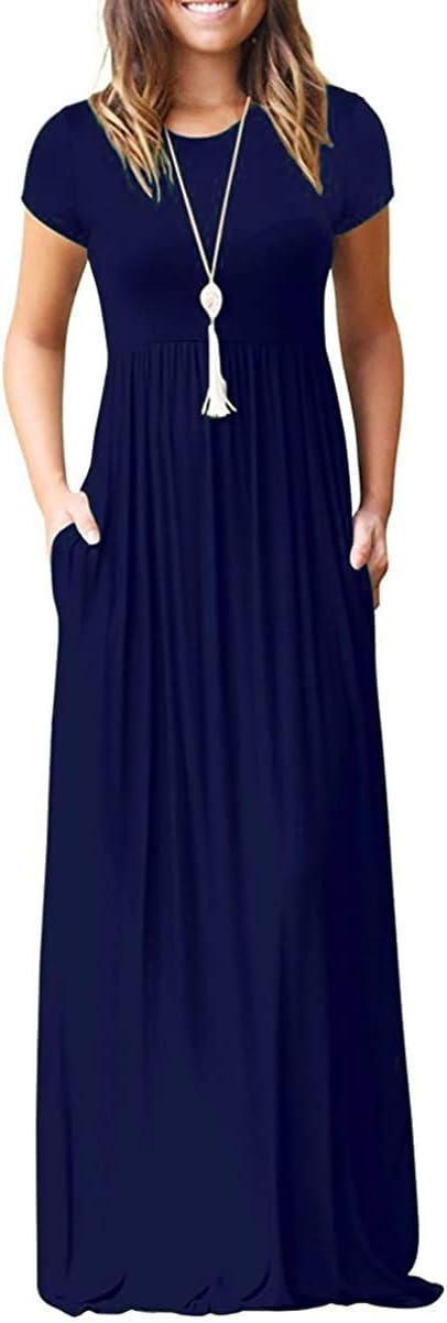 AUOMITH Women's 2026 Summer Short Sleeve Empire High Waist Long Maxi Dress with Pockets