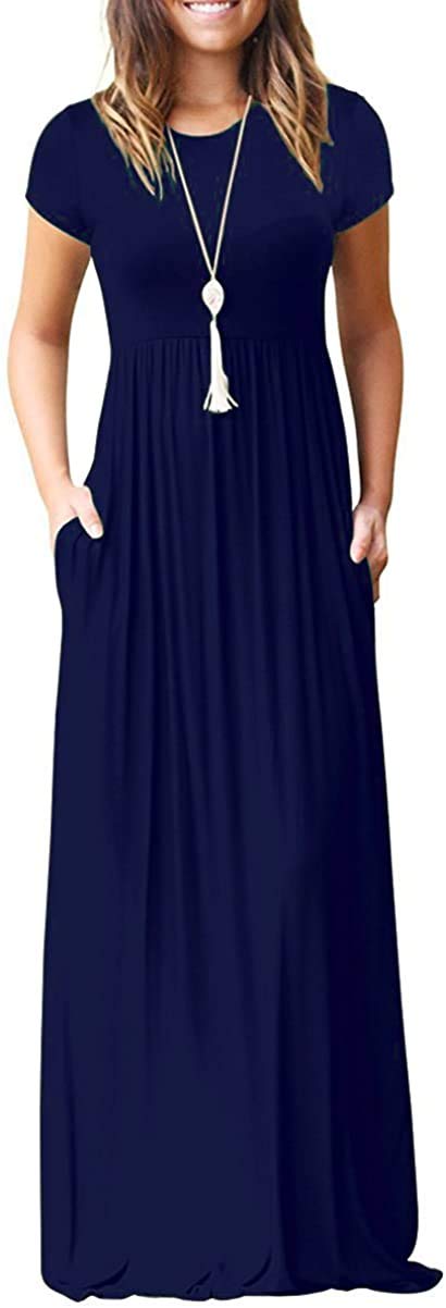 AUOMITH Women's 2026 Summer Short Sleeve Empire High Waist Long Maxi Dress with Pockets