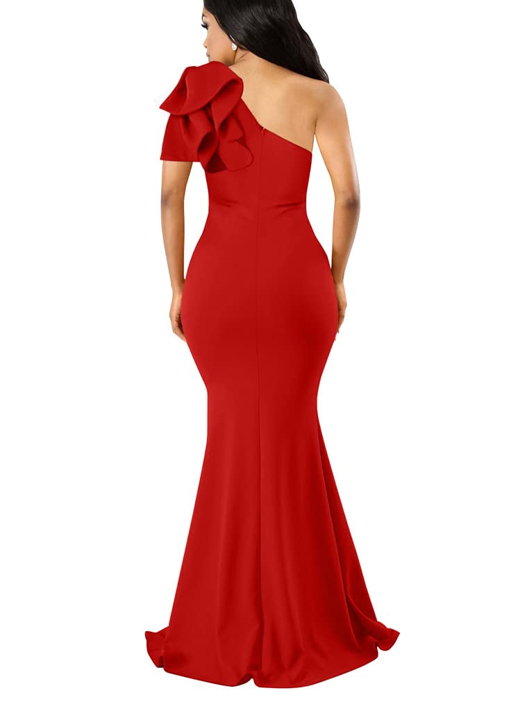 YMDUCH Women's Sexy Sleeveless One Shoulder Ruffle High Split Party Evening Long Formal Dress