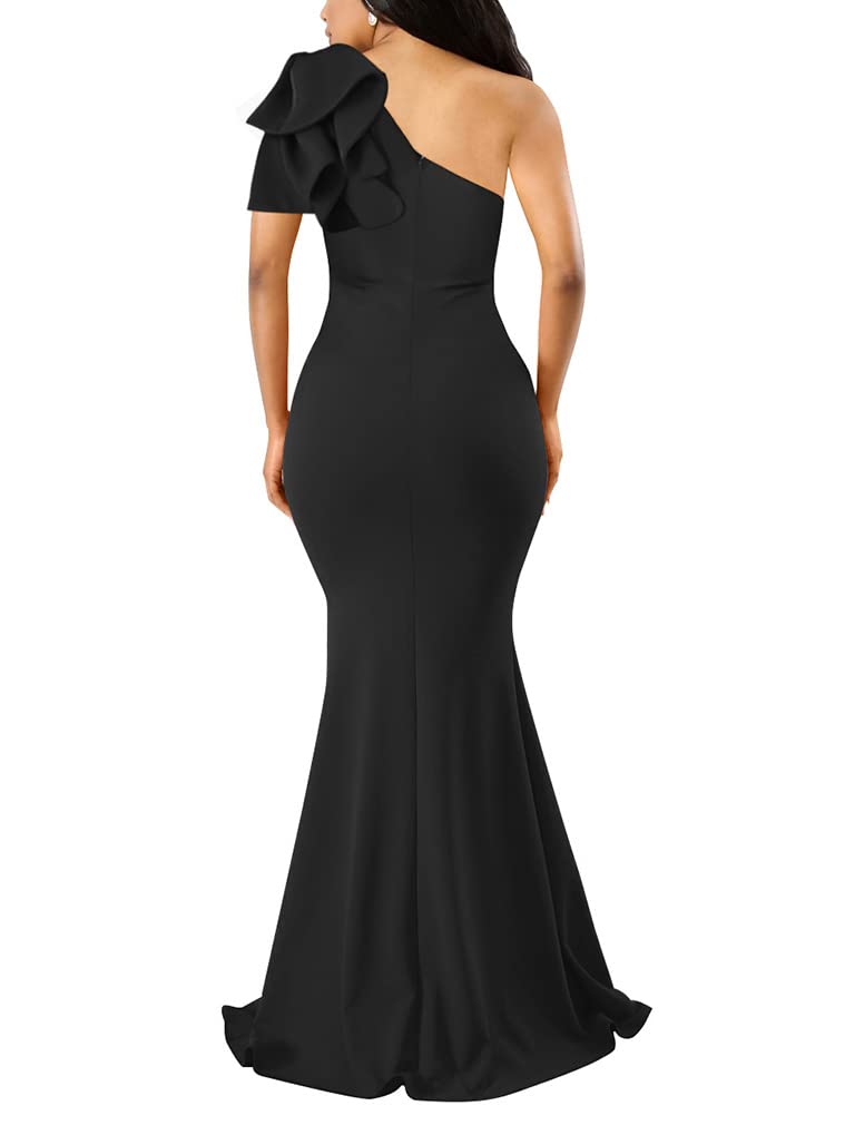 YMDUCH Women's Sexy Sleeveless One Shoulder Ruffle High Split Party Evening Long Formal Dress