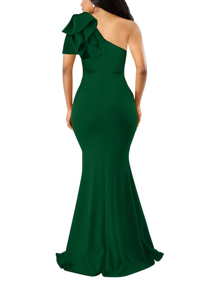 YMDUCH Women's Sexy Sleeveless One Shoulder Ruffle High Split Party Evening Long Formal Dress