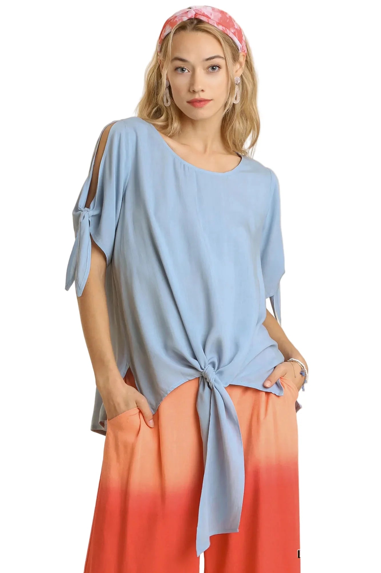 Womens Casual Blouse Elegant Tie Sleeve Top Minimalist Chic Office Professional Dusty Blue Loose Fit