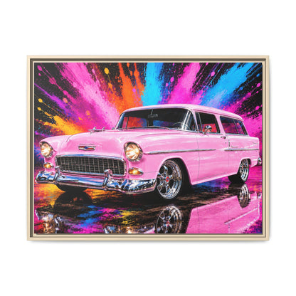 Pink Classic Station Wagon Canvas Print — Retro Car Wall Art, Framed Matte Multi‑Color Splash