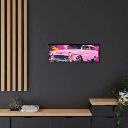 Pink Classic Station Wagon Canvas Print — Retro Car Wall Art, Framed Matte Multi‑Color Splash