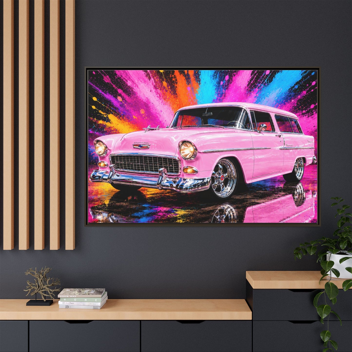 Pink Classic Station Wagon Canvas Print — Retro Car Wall Art, Framed Matte Multi‑Color Splash